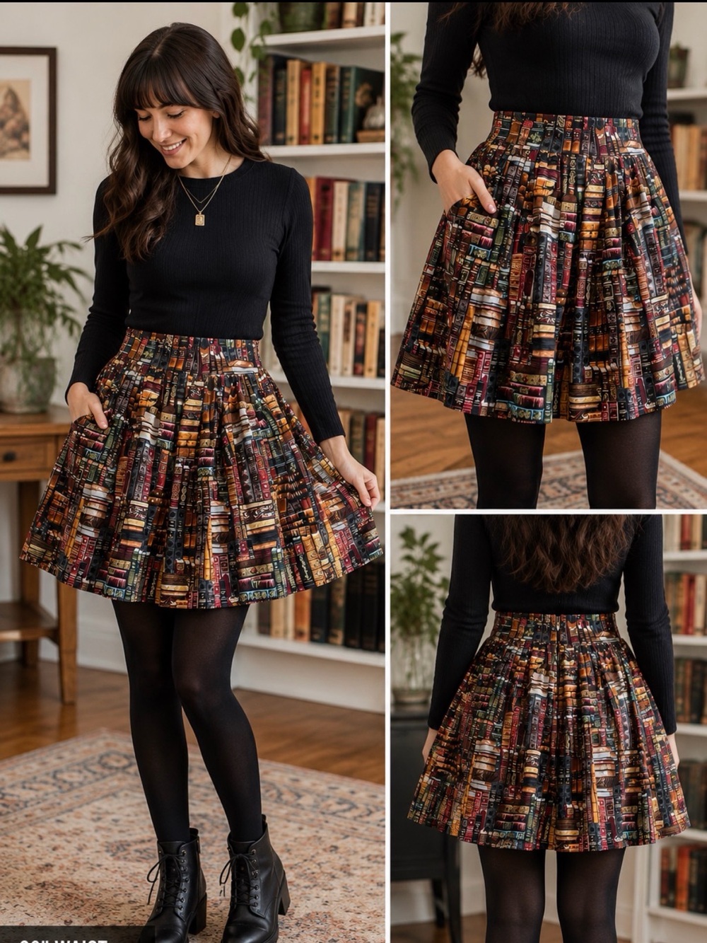 Bookshelf Print Skater Skirt A-Line Pleated Mini Skirt Pockets Book Tok Small